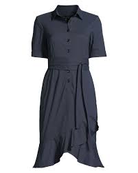 Women Fashion Navy Blue Dresses Short Sleeves Dresses With Bottom Ruffles And Front Buttons Placket Short Sleeve Dress Shirt Blue Dress Short Shirt Dress