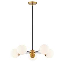 Fifth And Main Lighting Aria 5 Light Burnished Brass And Matte Black Pendant With Opal Glass Shades Hd 1831 The Home Depot Light Black Chandelier Light Bulb Bases