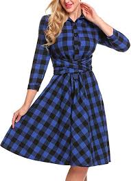 Burlady Women S Casual 3 4 Sleeve Plaid Belted A Line Pleated Shirt Dress Royal Blue Small At Amazon Women S C Womens Plaid Dress Plaid Dress Casual Dresses
