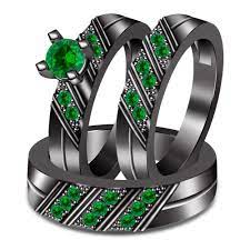 Men S Women S Green Sapphire Engagement Trio Ring Set Black Gold Fn 925 Silver Wedding Ring Trio Sets Round Diamond Engagement Rings Green Sapphire Engagement