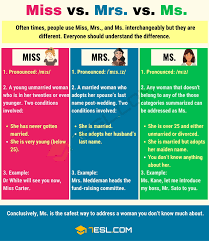 Miss Vs Ms Vs Mrs When To Address A Woman By Mrs Ms And Miss 7 E S L English Language Learning Learn English Vocabulary Learn English