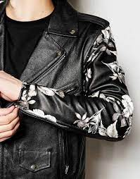 Reclaimed Vintage Leather Biker Jacket With Printed Sleeves At Asos Com Painted Leather Jacket Floral Leather Jacket Vintage Leather Jacket