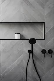 We Just Love This Grey Chevron Tile With Black Fixtures Minimalist Showers Bathroom Tile Designs Bathroom Design