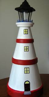 My Version Of The Flowerpot Lighthouse The Light On The Top Is A Solar Garden Light I Used Plastic Canvas T Clay Pot Lighthouse Lighthouse Crafts Flower Pots
