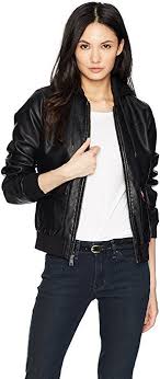 Levi S Women S Two Pocket Faux Leather Hooded Bomber Jacket Black Small At Amazon Women S Co Hooded Bomber Jacket Leather Jackets Women Bomber Jacket Fashion