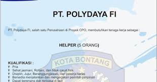 Jika anda tertarik dan sesuai dengan kualifikasi lowongankerja pt kao indonesia ini, kirim surat lamaran dan cv lengkap dengan pasfoto. Lowongan Kerja Pt Polydaya Fi Helper Loker Kaltim