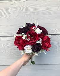 Burgundy and navy blue sola flower bouquet with frosted eucalyptus greenery and burlap ribbon, bridesmaid bouquet. Burgundy Red And White Artificial Bouquet Red Bouquet Wedding Carnation Wedding Artificial Bouquet
