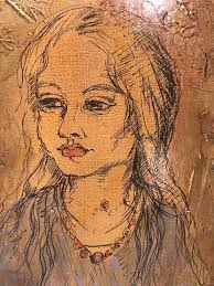 VINTAGE MULTIMEDIA ON CANVAS LADY PORTRAIT PAINTING SIGNED MILAN 1971