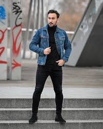 Black And Blue Outfits Men Men S Blue Denim Jacket Black Turtleneck Black Skinny Jeans Black Suede Chelsea Boots Denim Outfit Men Black Denim Jacket Outfit Mens Outfits