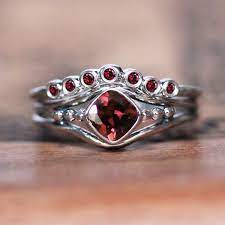 Garnet Engagement Ring Set Silver Cushion Red Garnet Ring Anniversary Ring Set Garnet Bridal Set Garnet Promise Ring Silver Garnet Engagement Ring Anniversary Ring Set Garnet Wedding Rings