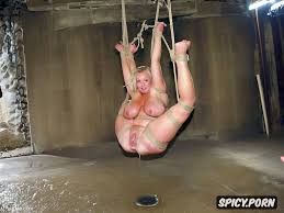 Image of nude chubby blonde woman, bdsm, with giant hanging breast with  huge nipples in a dirty sewer -spicy.porn