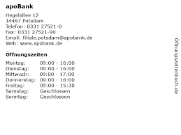 Digitalbanking@apobank.at montag bis freitag 8.00 bis 17.00 uhr. á… Offnungszeiten Apobank Hegelallee 12 In Potsdam