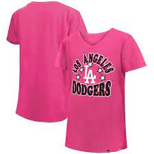Girls Youth New Era Pink Los Angeles Dodgers Jersey Stars V Neck T Shirt