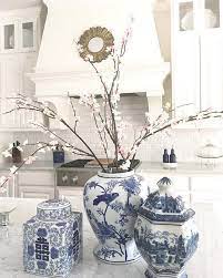 Shop blue porcelain kitchen equipment at horchow, and browse our fantastic selection of luxury home furnishings, elegant decor, gifts & more. Kitchen Countertop With Blue And White Ginger Jars Nothing Looks Better In A Marble Countertop Than Blue A Blue Kitchen Decor White Decor Kitchen Island Decor