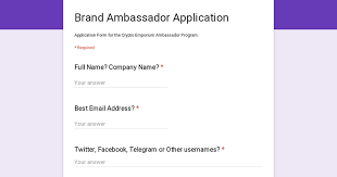 We are privileged that you have shown interest with us and accepted out proposal to leading from front as the brand ambassador of our company company name. Crypto Emporium On Twitter There S No Better Time To Get Involved With The Crypto Emporium Project We Re Now Accepting Applicants To Our Brand Ambassador Program All Nationalities Welcome Https T Co Qn3aebtcoo Google Form Https T Co U2ia1tjvog