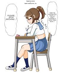 highres, translated, 1girl, blue skirt, blush, breast expansion, breast  rest, breasts, chair, closed eyes, deleted pixiv user, desk, embarrassed,  english text, from side, furrowed brow, huge breasts, hutonts, kneehighs,  midriff, midriff peek,