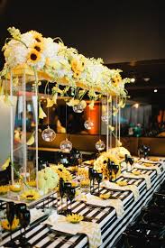 Black And White Wedding Ceremony Decorations Yellow And Black Sunflower Theme Wedding With Stripes And Chevron Print Photo Bee Photographie Sunflower Themed Wedding Yellow Centerpieces Sunflower Party