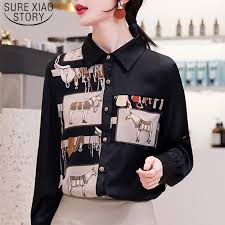 Model blouse lengan 3/4 bahan twistcone lingkar dada 90 cm panjang badan 48 cm fit to l produk lokal nyaman dipakai. Fashion Turn Down Collar Office Lady Blouse Korean Style Women Vintage Long Sleeve Print Shirt Black Women Tops Blusas 8166 50 Blouses Shirts Aliexpress