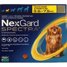Nexgard spectra is a medication used to protect against fleas, ticks, mites, heartworm and intestinal worms in dogs.it also helps to control secondary conditions caused by parasites including flea allergy dermatitis, and demodectic and sarcoptic mange. Nexgard Spectra Tablets For Small Dogs 3 6 7 5kg