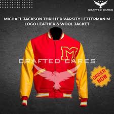 Handmade Michael Jackson Thriller Varsity Letterman M Logo Leather & Wool  Bomber Jacket Men