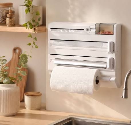 Mantén tu cocina organizada con este práctico dispensador multifuncional. Diseñado para almacenar y dispensar papel aluminio, papel film y bolsas, además de contar con un porta rollo para papel de cocina y
