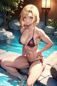 Anime Muscular Small Tits 40s Age Happy Face Blonde Slicked Hair Style Dark  Skin Comic Onsen Side View Spreading Legs Bikini 3669251551823788890 