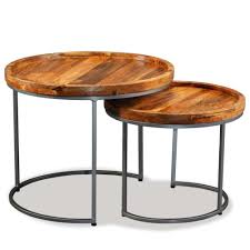 2 Pieces Nesting Side Table Solid Mango Wood Iron Frame Living Room Furniture Coffee Table Round Wood Side Table Wooden Side Table
