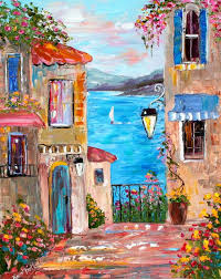 Watercolour painting castle lake view early 20th. Karen Tarlton Original Oil Painting Lake Como Italy Impasto Palette Knife Art Art Painting Abstract Art Painting Art
