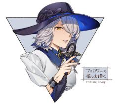 oxy (ho2), orchid (arknights), arknights, black headwear, translation  request, 1girl, black umbrella, blue hair, blue nails, breasts, brown eyes,  closed umbrella, cropped torso, grey background, grey hair, hair over one  eye, hand