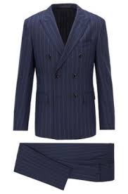 Men's navy blue pinstripe double breasted lapel 6 button classic silm fit suit. Boss Double Breasted Slim Fit Suit In Pinstripe Virgin Wool