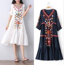 Womens Embroidered Plus Size Flower Pattern Short Sleeve V Neck Long Maxi Dress Boho Loose Dress Mexican Dresses Loose Mini Dress