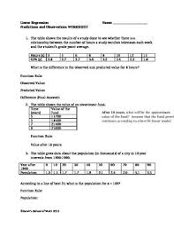 Linear Regression Observation And Prediction Worksheet Tpt