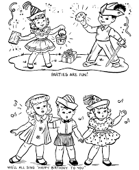 This coloring page contains adorable friends, birthday cake, birthday presents and a greeting card. Birthday Coloring Pages Free Printable Kids Birthday Party Fun Coloring Home