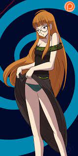 atlus brainwash brainwashed brainwashing breasts female flashing  glasses hypnosis katsiika lifting skirt mind control open mouth orange hair persona  persona 5 sakura futaba solo tagme white skin 