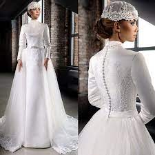 Muslim Long Sleeves High Neck Lace Satin Wedding Dresses Satin Bridal Gowns High Neck Long Sleeve Wedding Dress Bridal Ball Gown