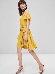 فستان مكسي بحزام من الكشكشة أصفر فاقع L Casual Dresses For Women Cute Casual Dresses Dresses Casual Fall