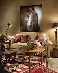 Red And Neutral Southwestern Living Room With Large Horse Art Western Living Room Decor Western Living Room Western Decor