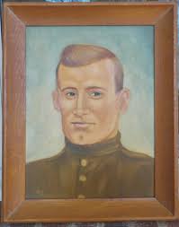 RETRATO al óleo de un GUAPO de hombre militar, soldado y cadete, de  mediados de siglo, con marco de roble, década de 1950, 15 x 19 pulgadas.