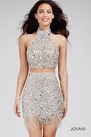 Two Piece Halter Neckline Cocktail Dress Covered In Crystal 26417 Two Piece Cocktail Dresses Two Piece Short Dress Short Cocktail Dress
