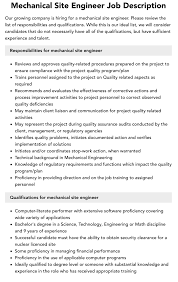 Mechanical Site Engineer Job Description | Velvet Jobs