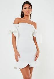 Missguided White Scuba Bardot Bow Mini Dress In 2020 Mini Dress Glamour Clothing White Short Dress
