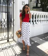 Black And White Polka Dot Skirt Outfit Ideas Red Short Sleeve Blouse With A Black And White Polka Dot Skirt And White Heels Visit Daily Dress Business Casual Outfits Girly Outfits Red Short Sleeve Blouse