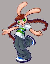 cbts004, mimi (popn music), bemani, popn music, commentary,  english commentary, highres, 1girl, animal ears, blunt bangs, braid, brown  hair, denim, full body, furry, furry female, green eyes, grey background,  jeans, long hair,