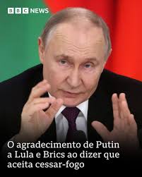 Presidente russo disse ser grato ao Brasil e outros países dos Brics por  seus esforços para "acabar com as hostilidades e as perdas humanas":  https://bbc.in/4iAK2bt
