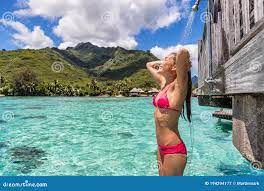 Luxury Travel Destination Bikini Woman Taking an Outdoor Shower at Luxury  Resort Hotel Overwater Bungalow in Tahiti Stock Image - Image of  relaxation, shower: 194294177