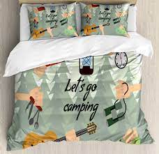 It is red and white; Happy Camper Duvet Cover Set Let S Go Camping Typography With Hands Holding Items And A Forest On The Back Decorative Bedding Set With Pillow Shams Multicolor By Ambesonne Walmart Com Walmart Com