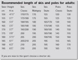 xc ski chart xc ski skiing size chart