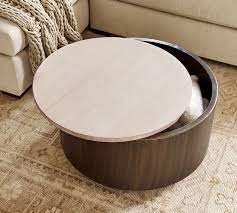 Snughome retro coffee table with storage, mid century coffee tables for living room, modern wood look coffee table with open storage shelf and drawer for home, office, easy assembly, rustic brown. Gilman 30 Round Storage Coffee Table In 2021 Round Storage Coffee Table Pottery Barn Coffee Table With Storage