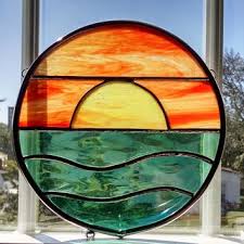 Sunset Stained Glass Window Panel Round Suncatcher Ocean Sunset Seascape Beach Decor Co Stained Glass Suncatchers Stained Glass Stained Glass Windows