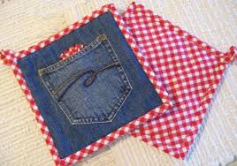 Denim Red Gingham Hot Pads Set Of Two Sewing Jeans Blue Jeans Crafts Denim Quilt